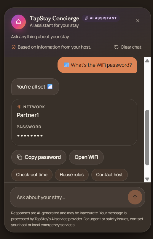 TapStay Concierge answering a Wi-Fi question during an active stay with the network name and password