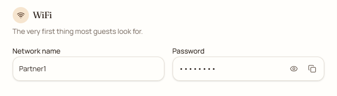 TapStay Wi-Fi setup screen with network name and password fields
