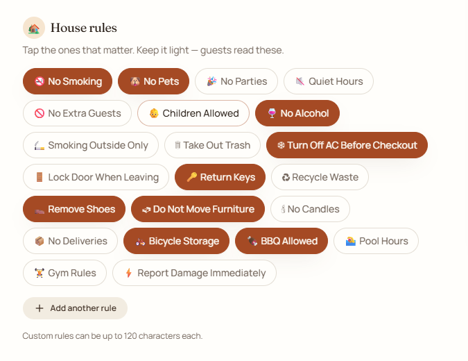 TapStay house rules setup screen listing the rules a host has written