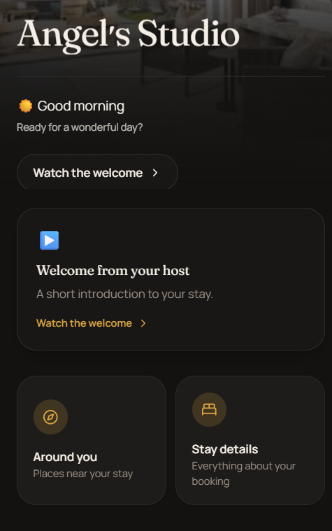 TapStay guest portal home before a stay, showing the property, photos and a warm welcome without operational details
