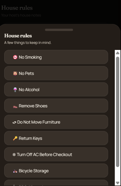 TapStay guest portal house rules panel showing the rules the host wrote
