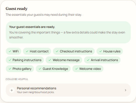 TapStay Guest Ready card listing readiness items still to complete for a property