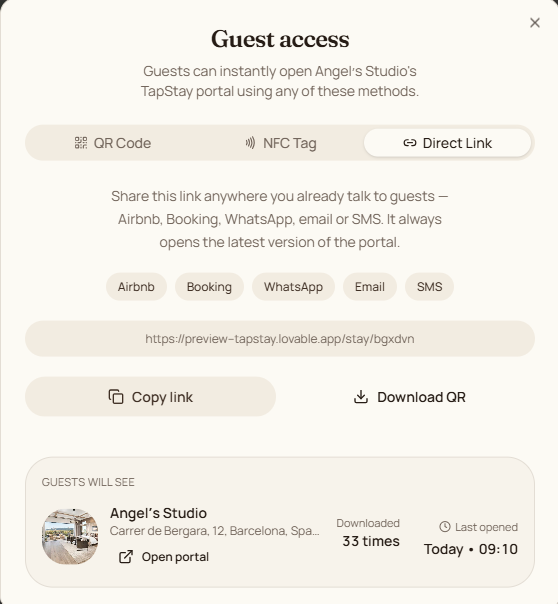 TapStay guest access panel showing the direct guest link with a copy action