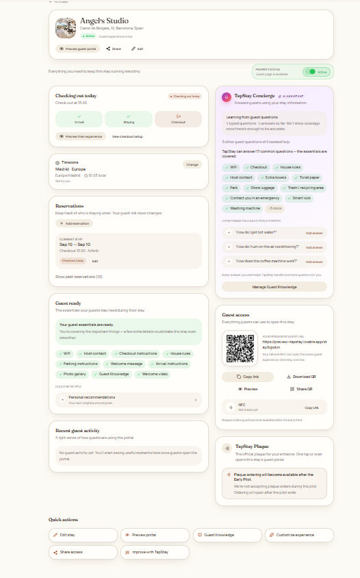 TapStay Manage stay overview with the current stay card, guest readiness and quick actions