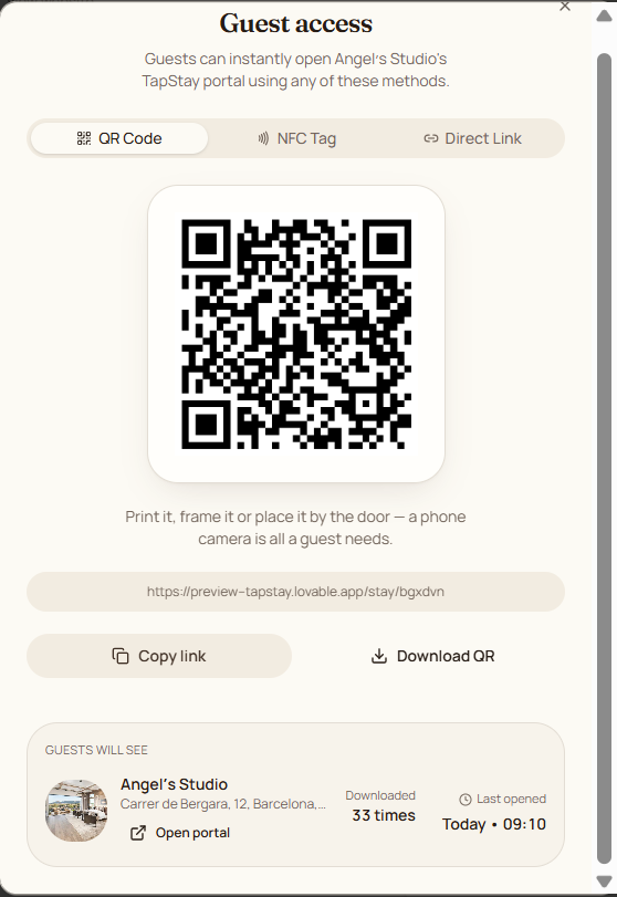 TapStay guest access panel showing the property QR code ready to download and print