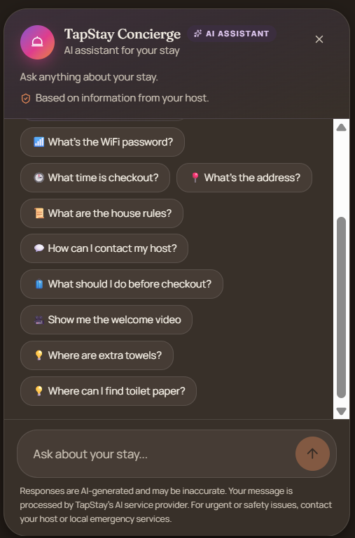 TapStay Concierge screen listing suggested questions a guest can tap