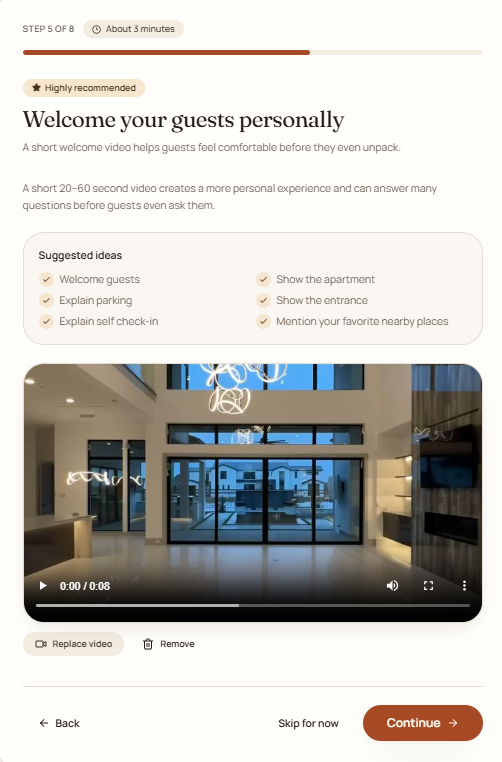TapStay welcome video step with an upload area for a short host video
