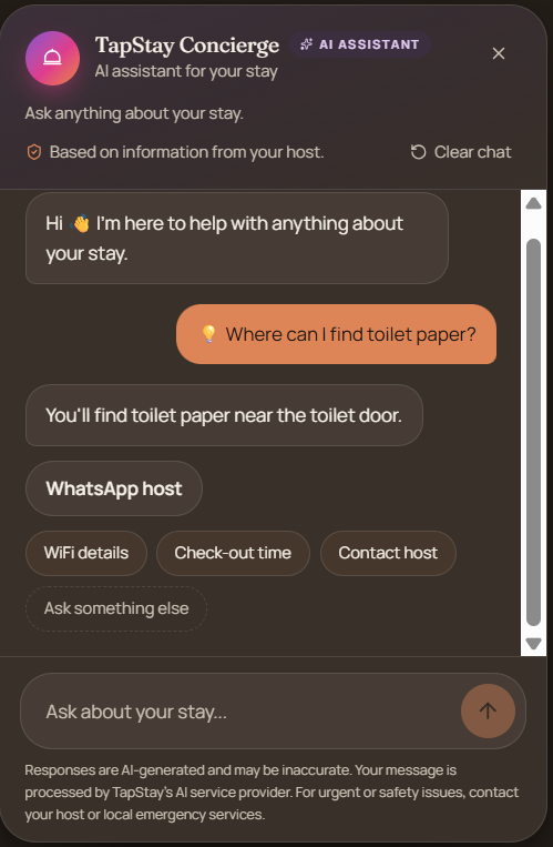 TapStay Concierge answering a practical guest question about where to find household supplies