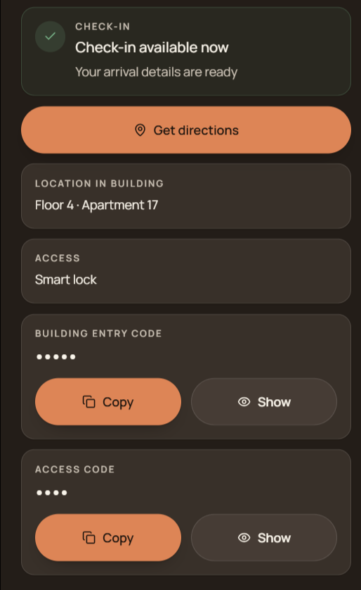 TapStay guest portal arrival section showing Check-in available now with the access code and entry instructions visible