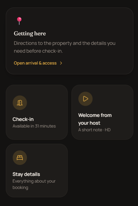 TapStay guest portal before check-in showing the getting here section with travel context
