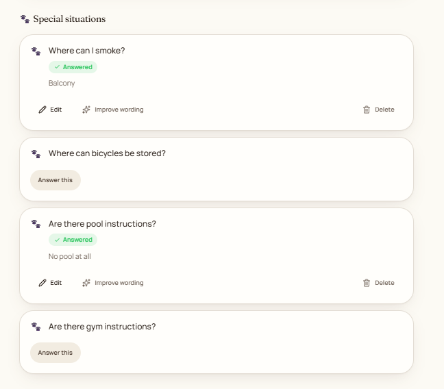 TapStay Guest Knowledge examples for special situations such as late arrival or extra guests