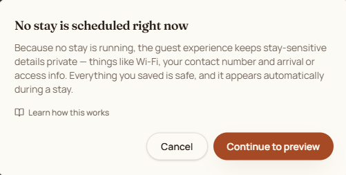 TapStay preview reminder dialog explaining that guest-sensitive information is hidden because there is no active stay, with Continue to preview and Cancel actions