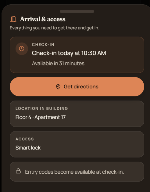 TapStay guest portal arrival section before check-in, with the access code area still hidden and a countdown to check-in