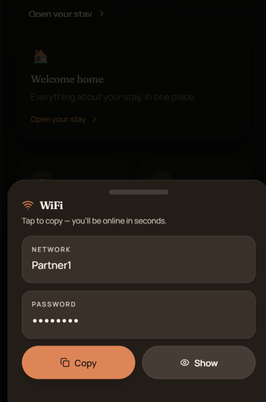 TapStay guest portal Wi-Fi panel during an active stay with copy and reveal actions