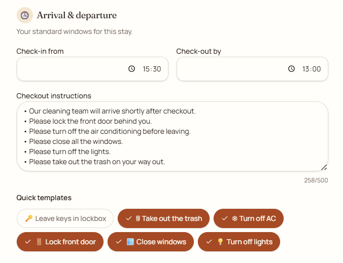 TapStay arrival, departure and checkout instructions setup screen