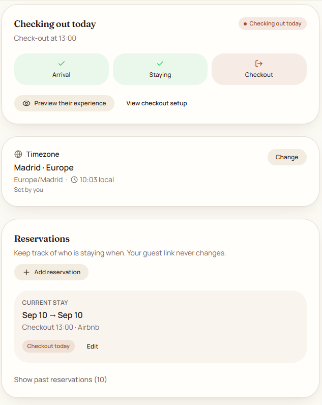 TapStay Manage stay page showing the stay phase, timezone card and the list of reservations