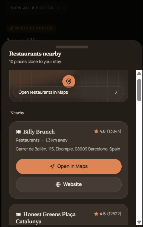 TapStay guest portal nearby restaurants panel listing places close to the property