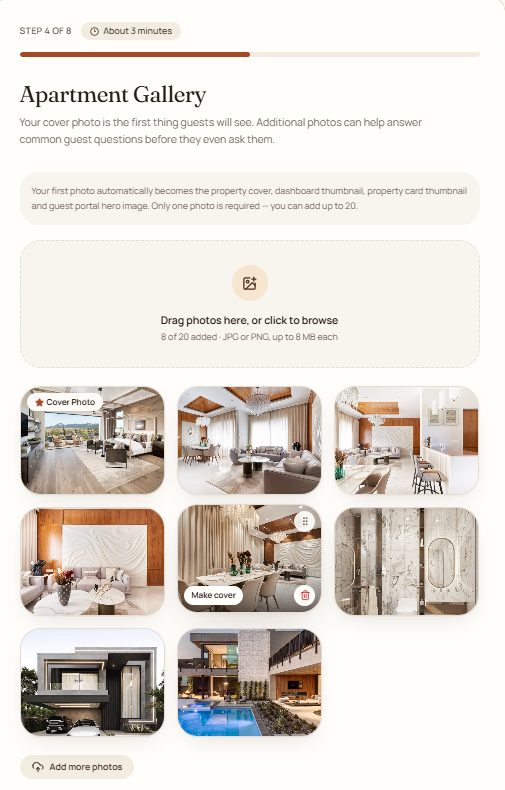 TapStay gallery step showing uploaded apartment photos in a grid that can be reordered