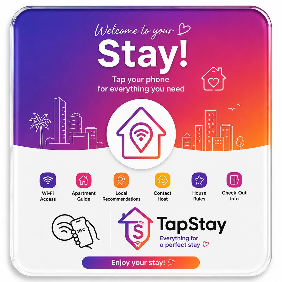 TapStay NFC guest plaque mounted on a wall near the entrance of a rental