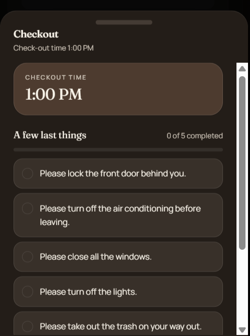 TapStay guest portal checkout panel with an interactive step-by-step checklist