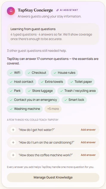 TapStay Manage stay Concierge card showing coverage of guest topics