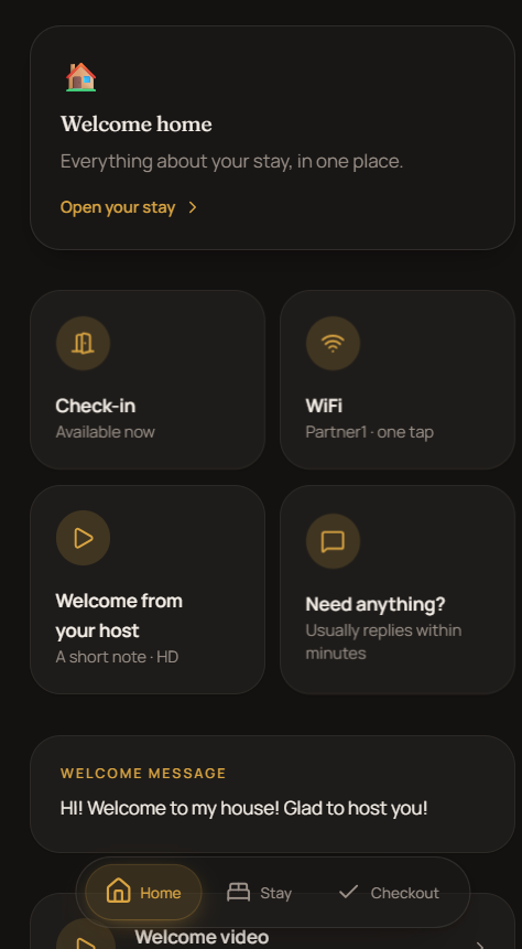 TapStay guest portal home during an active stay, showing Wi-Fi, arrival, house rules, checkout and concierge tiles