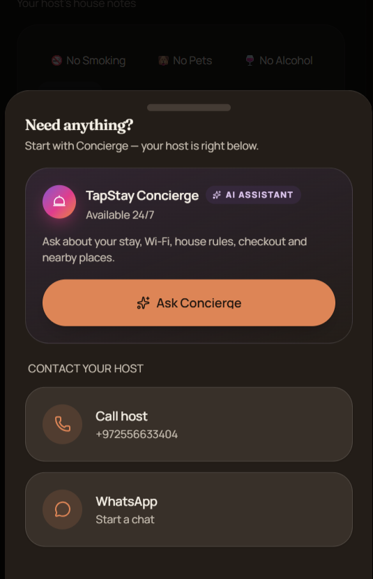 TapStay guest portal Need anything section with a contact host action