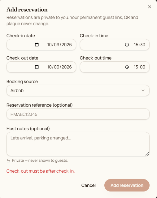 TapStay Add reservation dialog with check-in and check-out dates, times and booking source