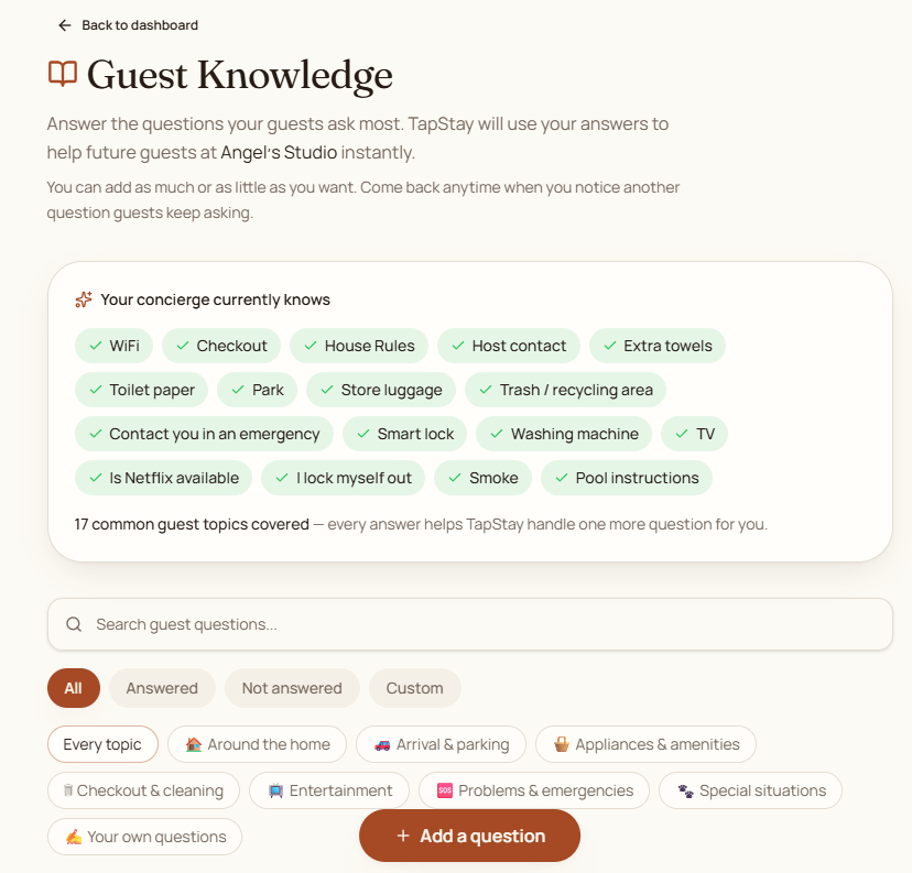 TapStay Guest Knowledge page showing topic coverage and saved guest answers