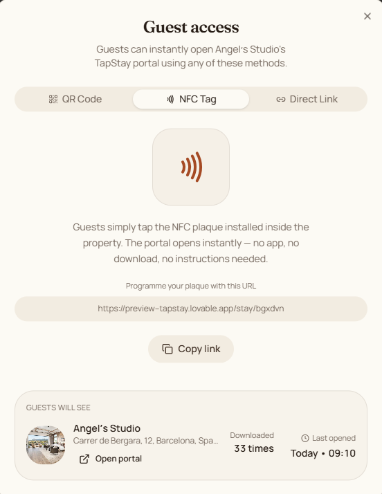 TapStay guest access panel showing the NFC plaque option for tap-to-open access